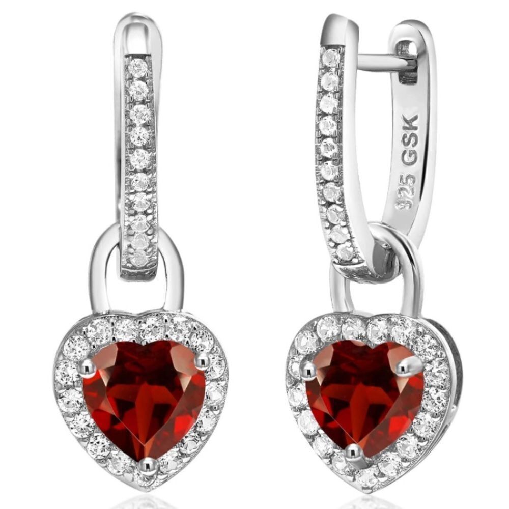 925 Sterling Silver with 2.30 Cttw Garnet and White Sapphire Heart Drop Earrings